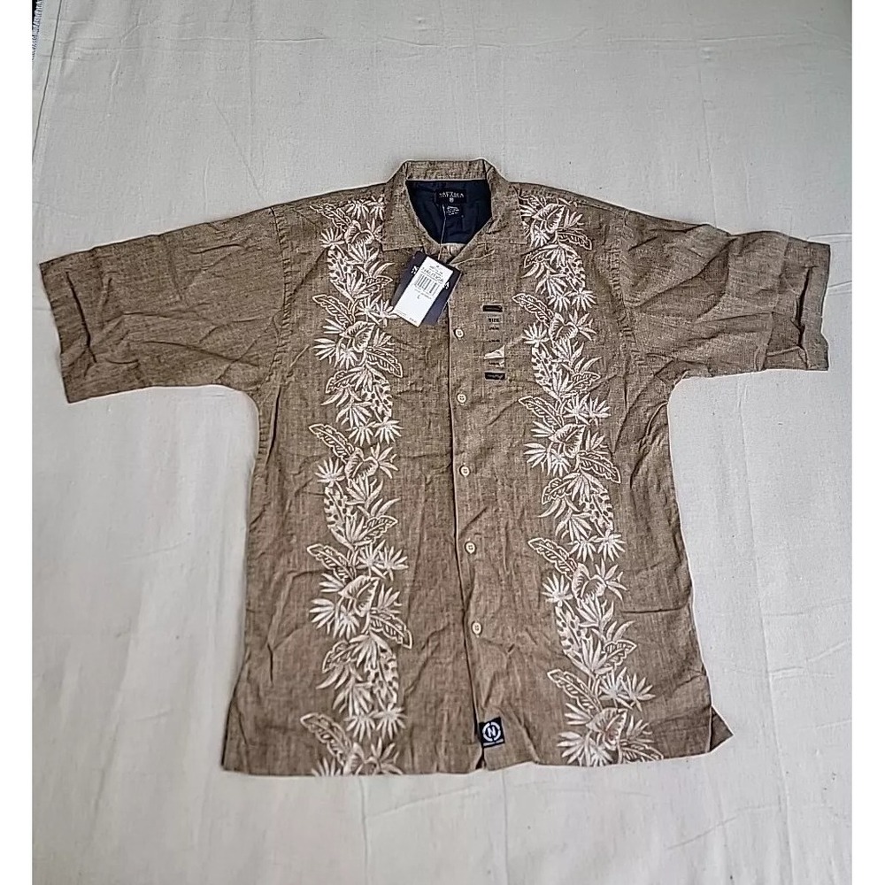 Nautica Button Down Shirt Boys L 16-18‎ Brown Tropical Embroidered Short Sleeve